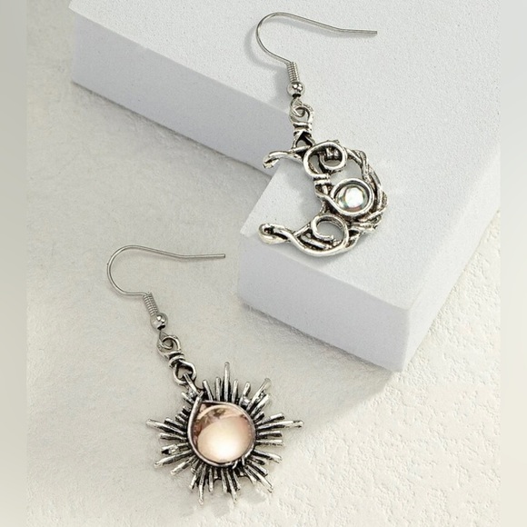 Bohemian Astrology Sun Moon Silver Wire Wrapped Celestial Stone Mismatch Dangles - Picture 10 of 16